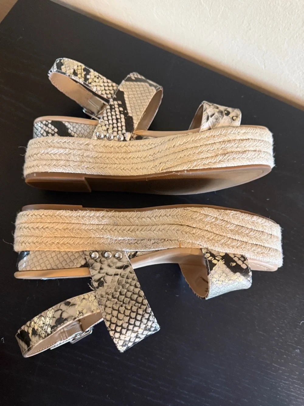 Steve Madden Fifer Snake Print Platform Espadrille Wedge Sandals Tan Blk Gold 7